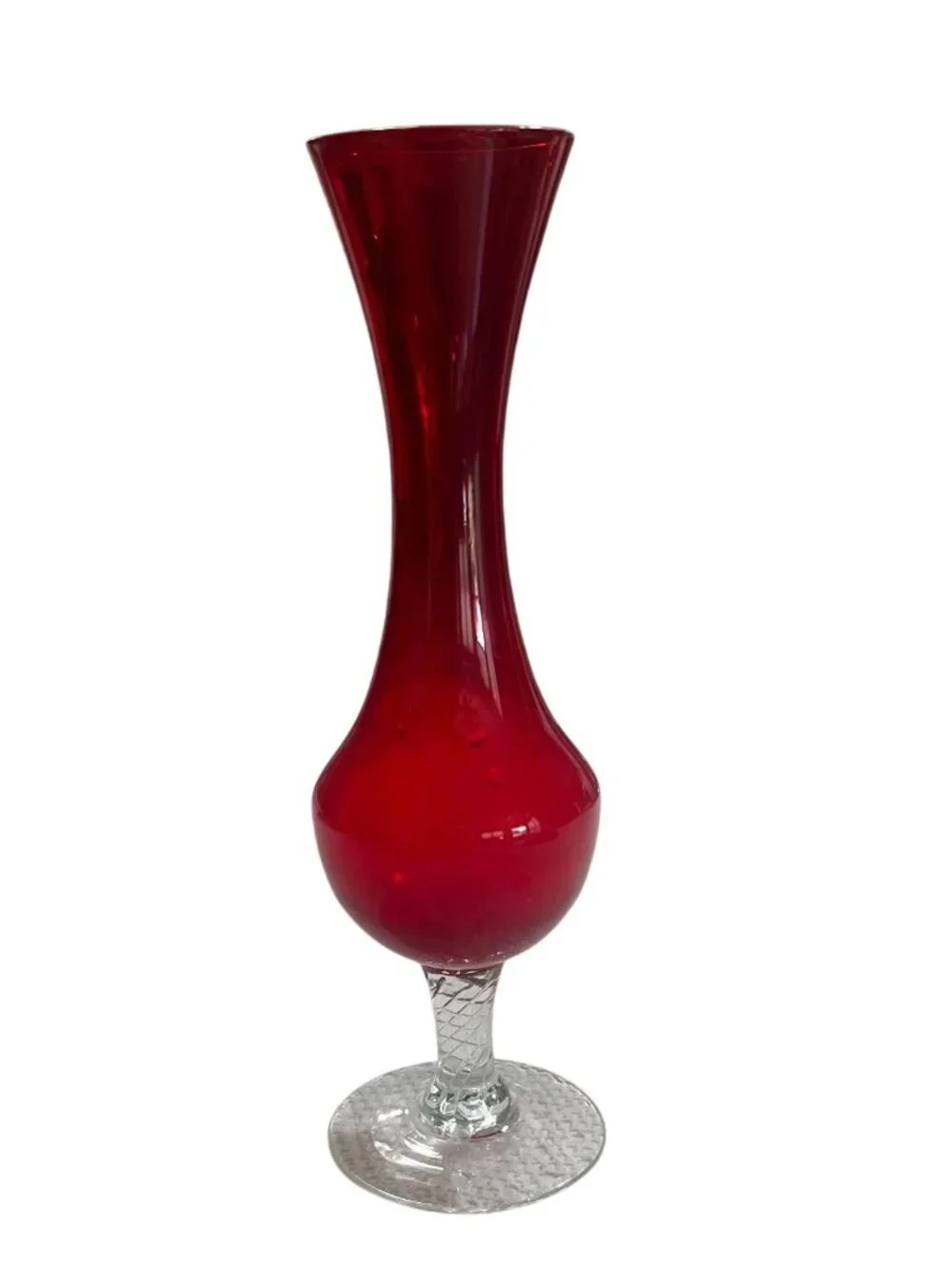 Vintage 1960s Empoli Slim Red Blown Glass Posey Vase Clear Textured Stem WOW